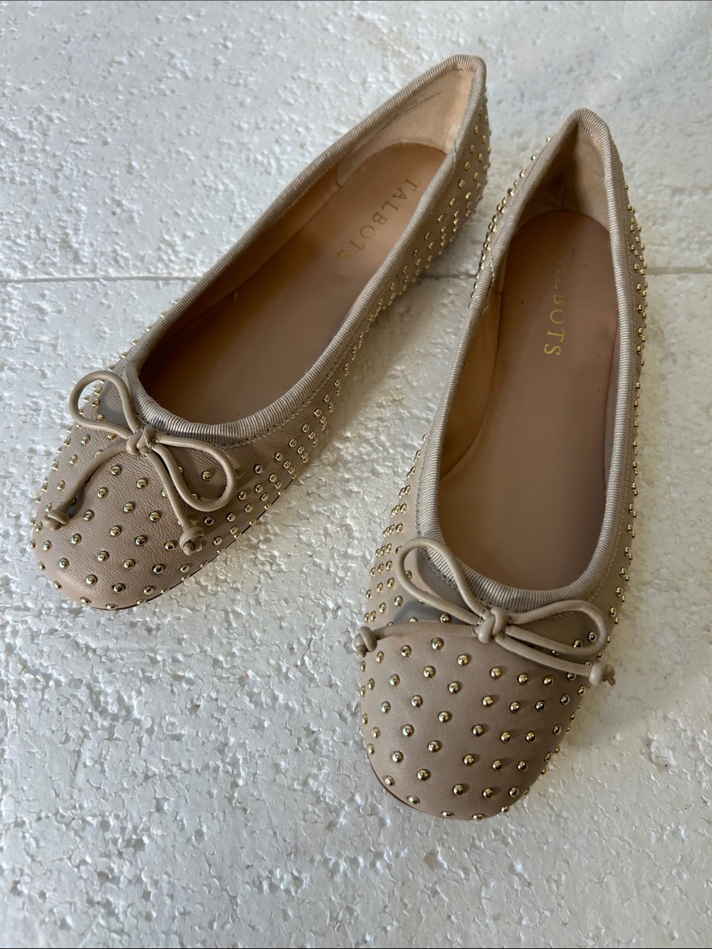 Talbots SZ 5 Nude Leather Studded Ballet Flat Formal Coquette Romantic Wardrobe